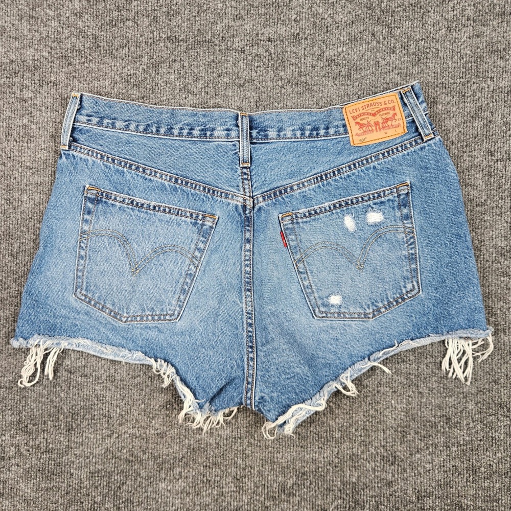 Levis 501 Original Cut Off Denim Shorts Women 33 Distressed Button Fly High Rise - Picture 8 of 10
